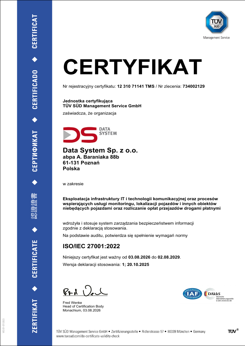 Certificat ISO/IEC 27001:2022 pour Data System sp. z o.o., page 1