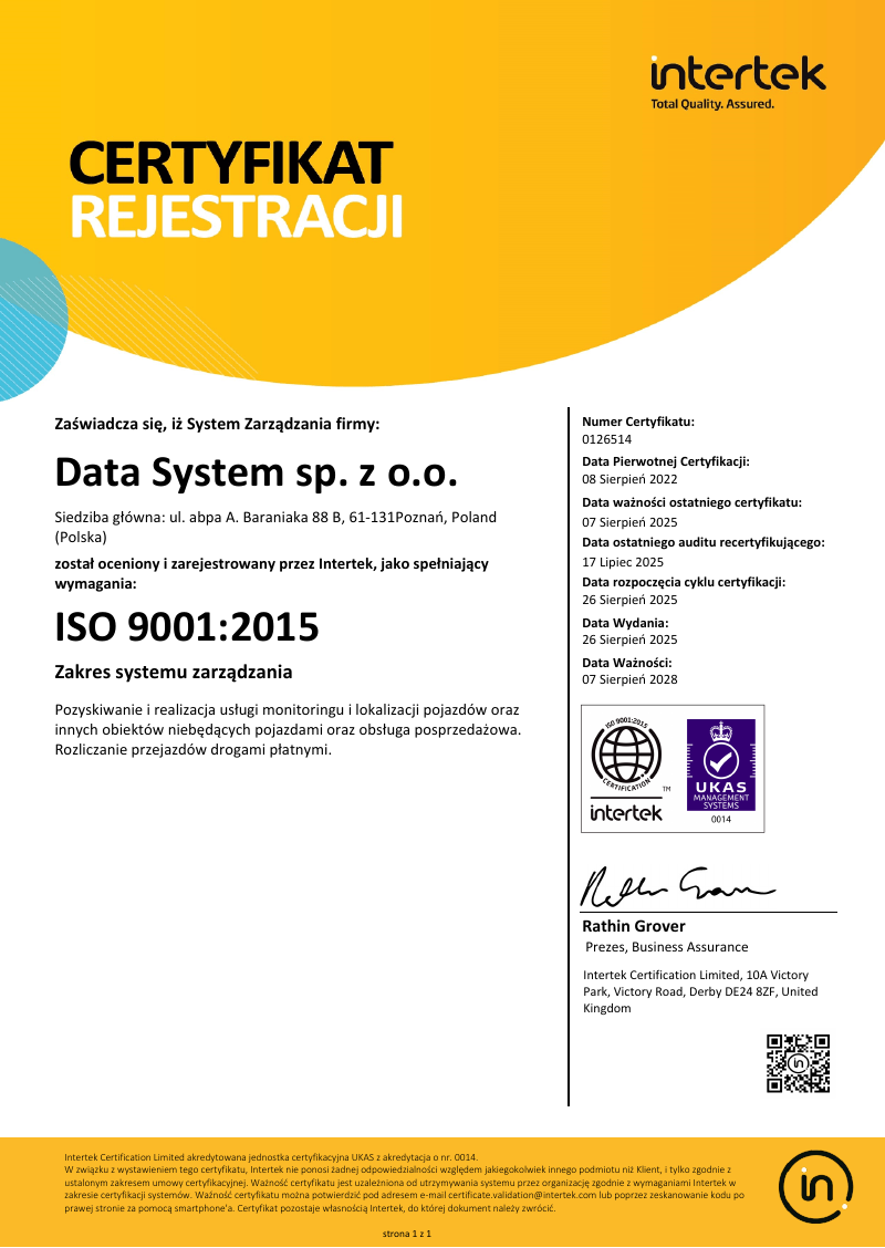 Certificat ISO 9001:2015 pour Data System sp. z o.o., page 1